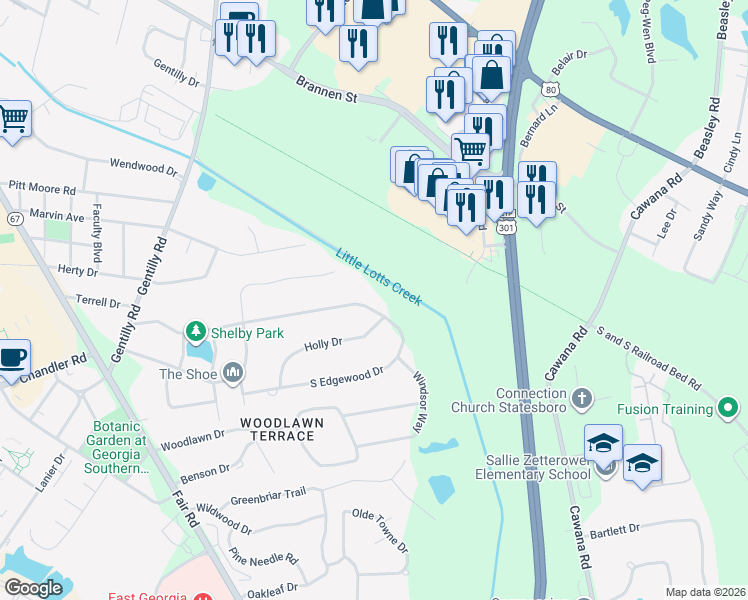 map of restaurants, bars, coffee shops, grocery stores, and more near 227 North Edgewood Drive in Statesboro