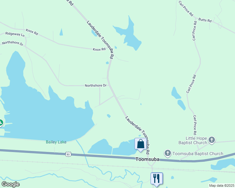map of restaurants, bars, coffee shops, grocery stores, and more near 6120 Lauderdale Toomsuba Road in Toomsuba