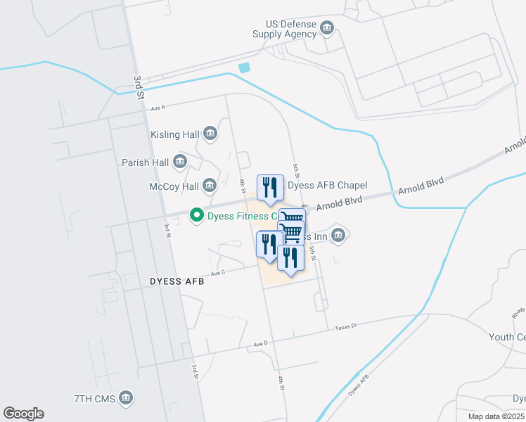map of restaurants, bars, coffee shops, grocery stores, and more near 2201 Avenue B in Dyess Air Force Base