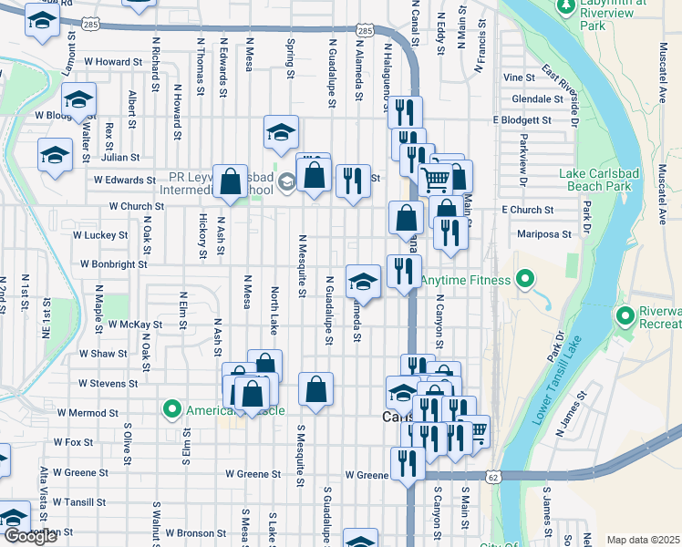 map of restaurants, bars, coffee shops, grocery stores, and more near 505 North Alameda Street in Carlsbad