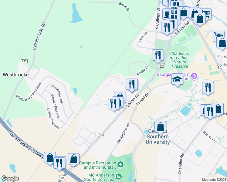 map of restaurants, bars, coffee shops, grocery stores, and more near 117 Rucker Lane in Statesboro