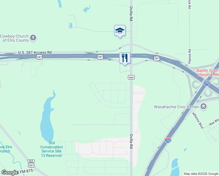 map of restaurants, bars, coffee shops, grocery stores, and more near in Waxahachie