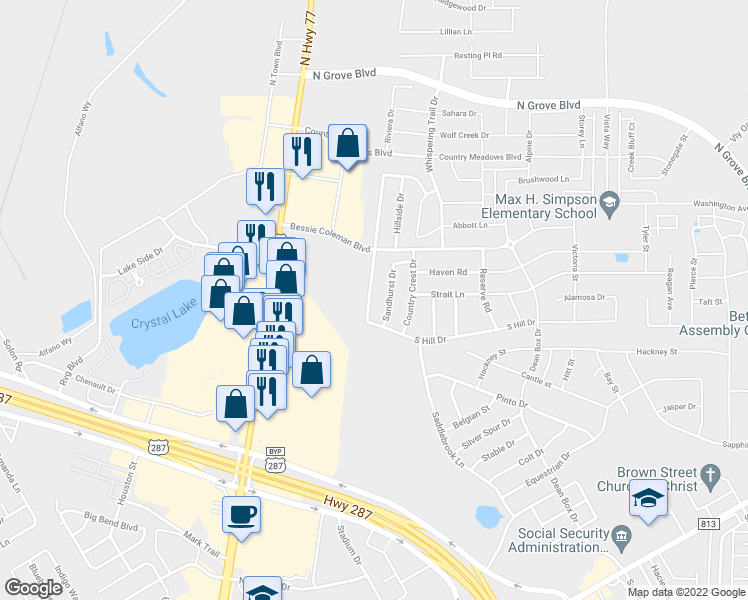 map of restaurants, bars, coffee shops, grocery stores, and more near 1570 Wildflower Drive in Waxahachie