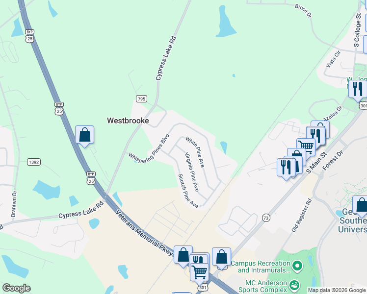 map of restaurants, bars, coffee shops, grocery stores, and more near 5009 Scotch Pine Avenue in Statesboro