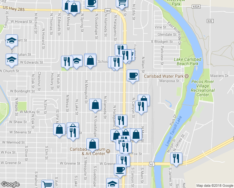 map of restaurants, bars, coffee shops, grocery stores, and more near 514 North Halagueno Street in Carlsbad