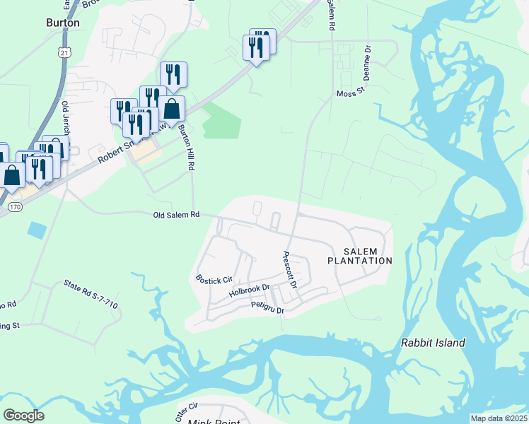 map of restaurants, bars, coffee shops, grocery stores, and more near 123 Old Salem Road in Beaufort