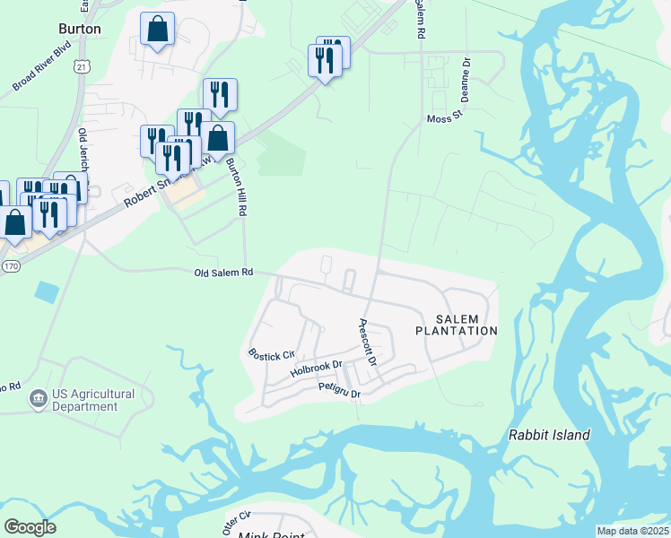 map of restaurants, bars, coffee shops, grocery stores, and more near 123 Old Salem Road in Beaufort