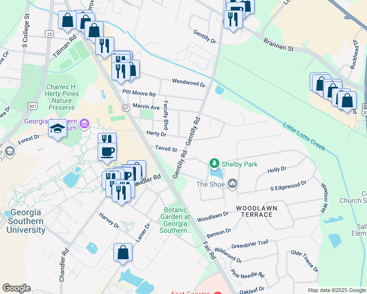 map of restaurants, bars, coffee shops, grocery stores, and more near 119 Terrell Drive in Statesboro