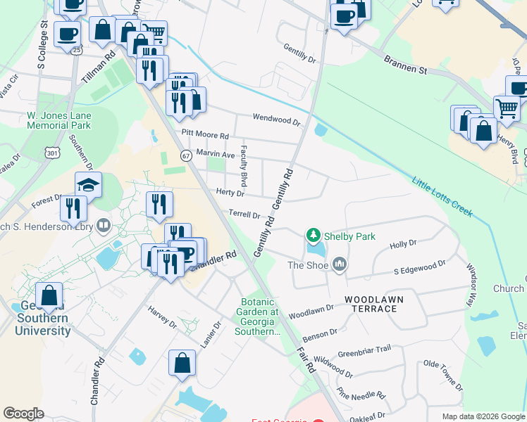 map of restaurants, bars, coffee shops, grocery stores, and more near 1102 Fair Road in Statesboro