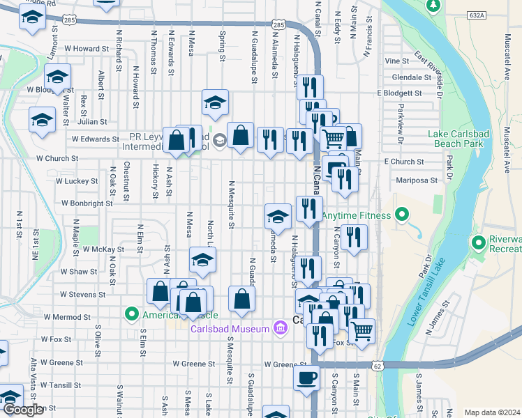 map of restaurants, bars, coffee shops, grocery stores, and more near 507 West Bonbright Street in Carlsbad