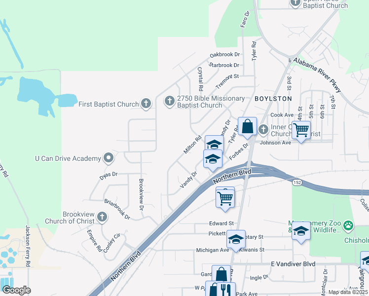 map of restaurants, bars, coffee shops, grocery stores, and more near 2820 Milton Road in Montgomery