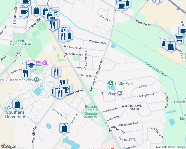 map of restaurants, bars, coffee shops, grocery stores, and more near 1102 Fair Road in Statesboro
