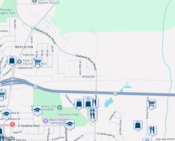 map of restaurants, bars, coffee shops, grocery stores, and more near 715 North Pass Road in Montgomery