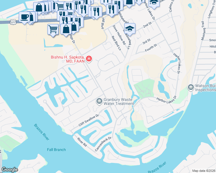 map of restaurants, bars, coffee shops, grocery stores, and more near 1715 Water's Edge Drive in Granbury