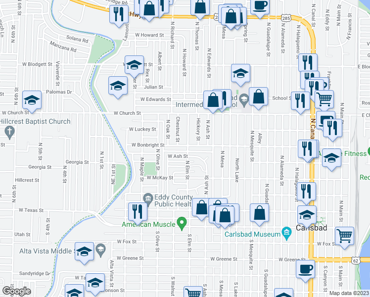 map of restaurants, bars, coffee shops, grocery stores, and more near 1109 West Bonbright Street in Carlsbad