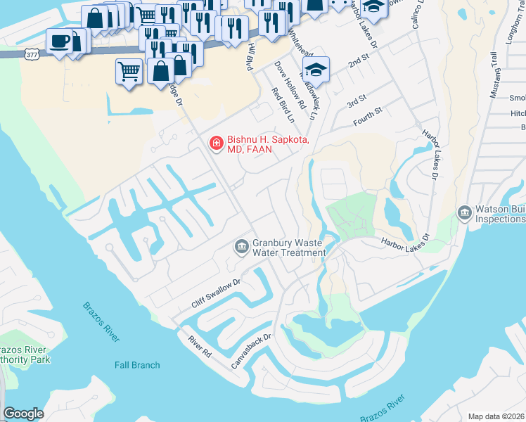 map of restaurants, bars, coffee shops, grocery stores, and more near 1715 Water's Edge Drive in Granbury