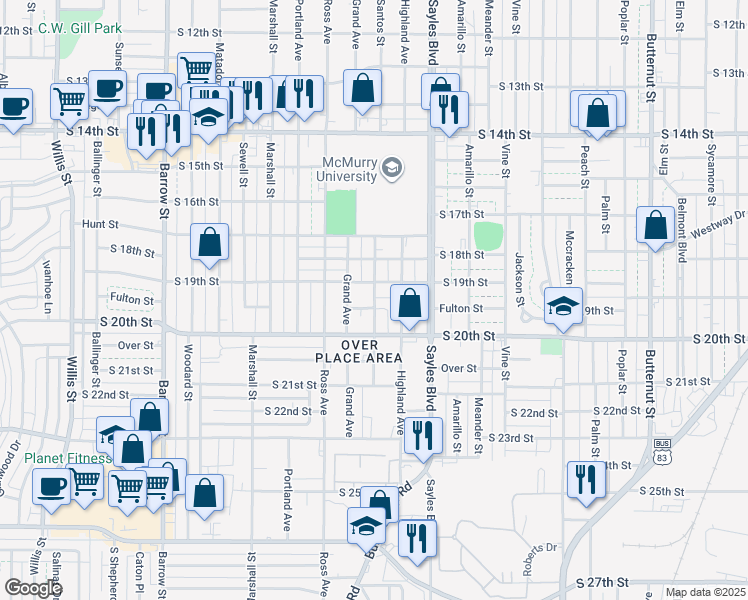 map of restaurants, bars, coffee shops, grocery stores, and more near 1918 Santos Street in Abilene
