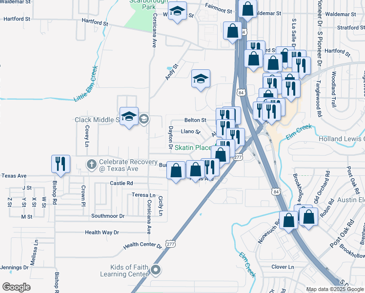 map of restaurants, bars, coffee shops, grocery stores, and more near 5317 Harwood Street in Abilene