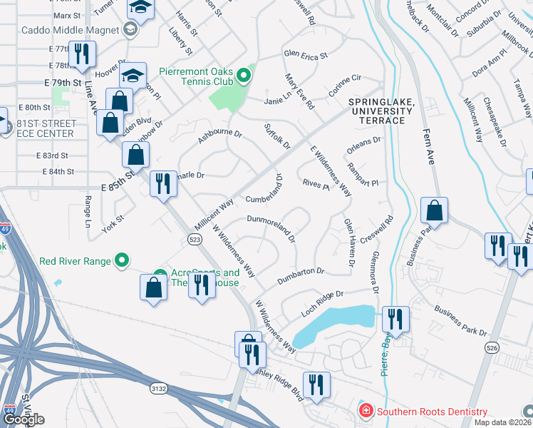 map of restaurants, bars, coffee shops, grocery stores, and more near 540 Dunmoreland Drive in Shreveport