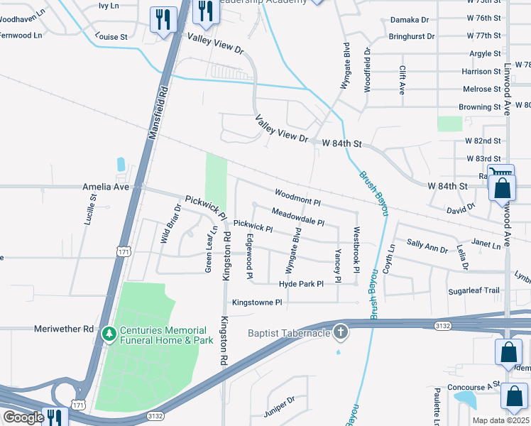 map of restaurants, bars, coffee shops, grocery stores, and more near 734 Meadowdale Place in Shreveport