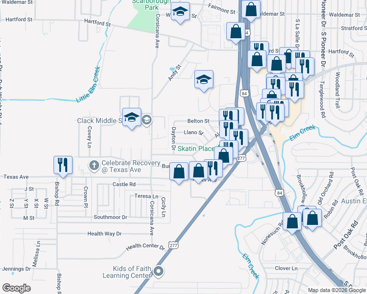map of restaurants, bars, coffee shops, grocery stores, and more near 5333 Harwood Street in Abilene