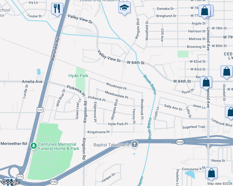 map of restaurants, bars, coffee shops, grocery stores, and more near 701 Meadowdale Place in Shreveport