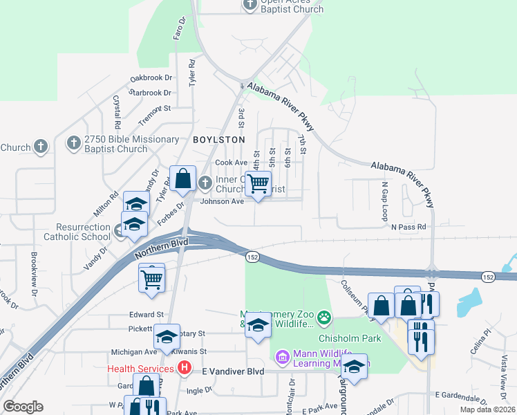 map of restaurants, bars, coffee shops, grocery stores, and more near 25 Johnson Avenue in Montgomery