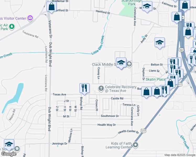 map of restaurants, bars, coffee shops, grocery stores, and more near 5810 Quail Run Street in Abilene