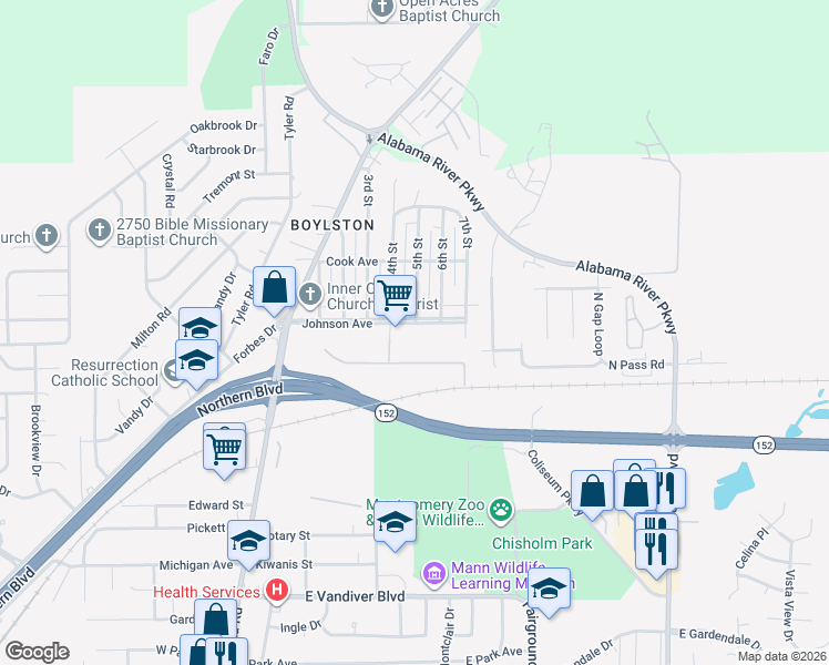 map of restaurants, bars, coffee shops, grocery stores, and more near 25 Johnson Avenue in Montgomery
