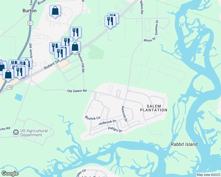 map of restaurants, bars, coffee shops, grocery stores, and more near 123 Old Salem Road in Beaufort