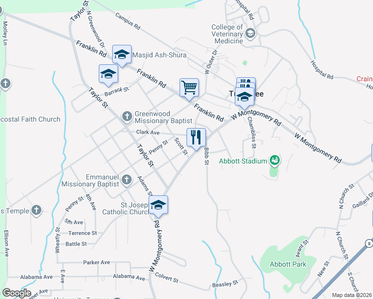 map of restaurants, bars, coffee shops, grocery stores, and more near 1704a West Montgomery Road in Tuskegee