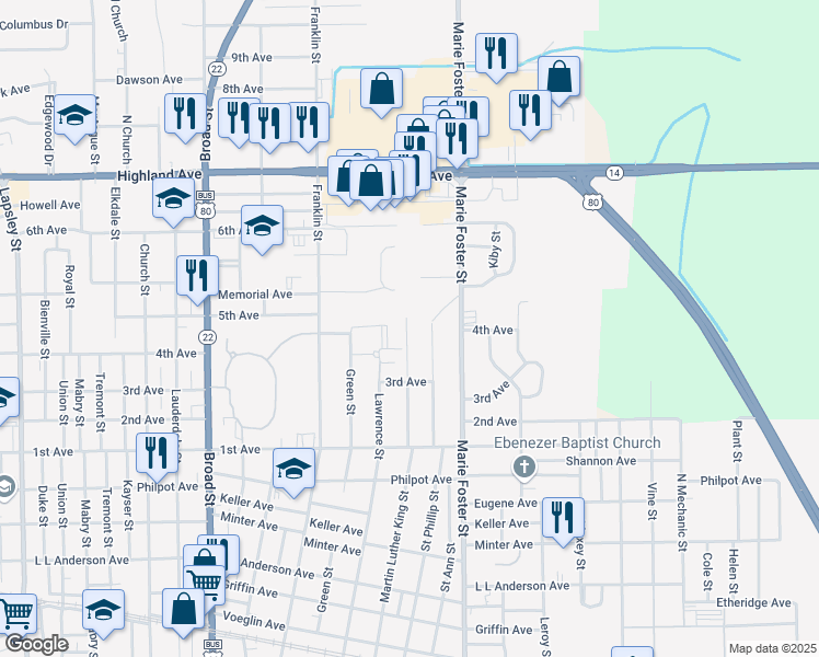 map of restaurants, bars, coffee shops, grocery stores, and more near 1816 Martin Luther King Street in Selma