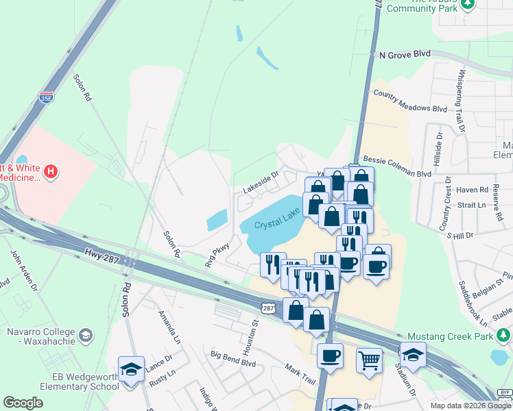 map of restaurants, bars, coffee shops, grocery stores, and more near 155 Lake Side Drive in Waxahachie