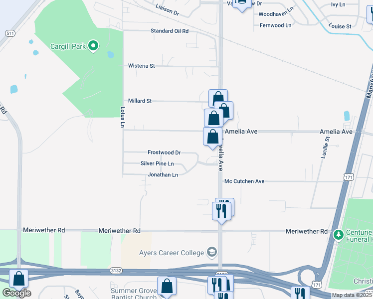 map of restaurants, bars, coffee shops, grocery stores, and more near 2810 Silver Pine Lane in Shreveport