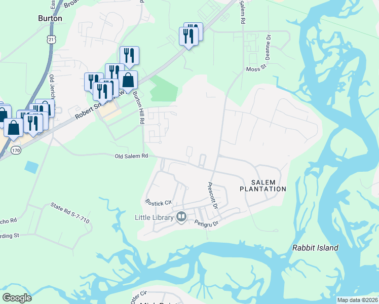 map of restaurants, bars, coffee shops, grocery stores, and more near 123 Old Salem Road in Beaufort