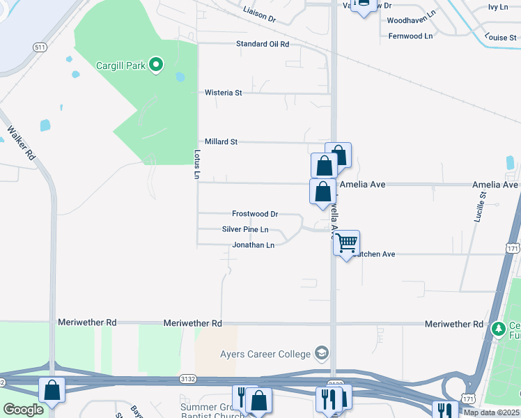 map of restaurants, bars, coffee shops, grocery stores, and more near 2902 Silver Pine Lane in Shreveport