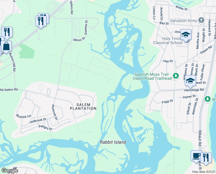map of restaurants, bars, coffee shops, grocery stores, and more near Bostick Road in Beaufort
