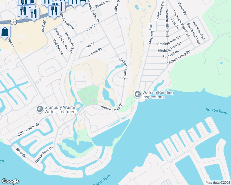 map of restaurants, bars, coffee shops, grocery stores, and more near 2005 Turnbury Court in Granbury