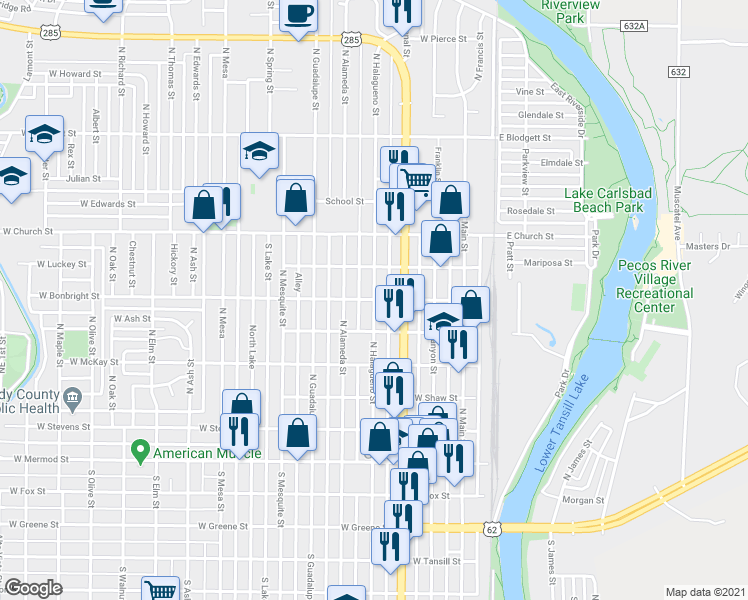 map of restaurants, bars, coffee shops, grocery stores, and more near 598 North Halagueno Street in Carlsbad