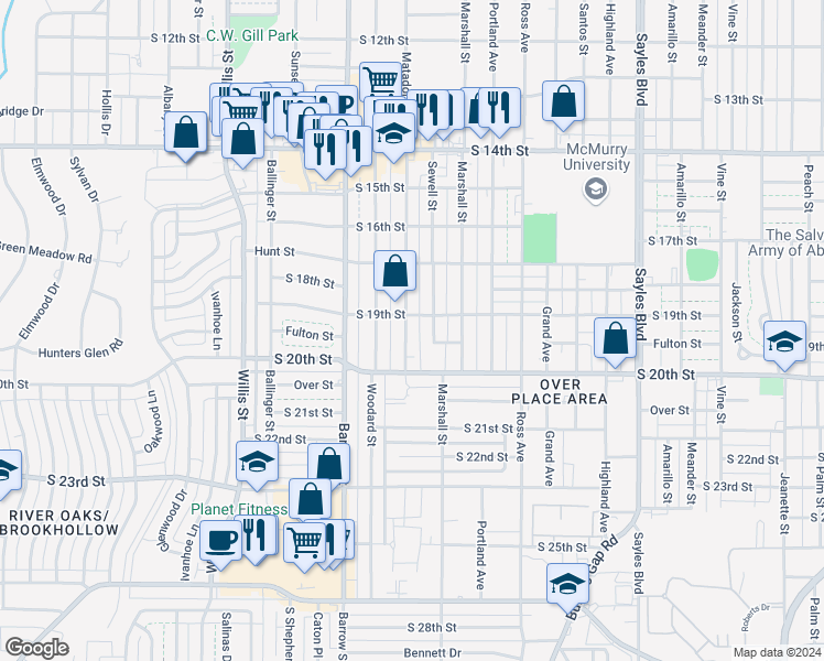 map of restaurants, bars, coffee shops, grocery stores, and more near 1917 Matador Street in Abilene