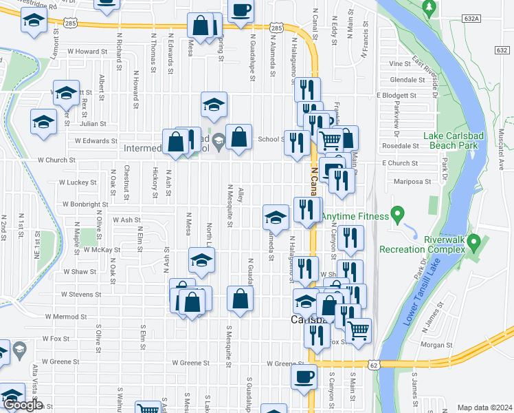 map of restaurants, bars, coffee shops, grocery stores, and more near 504 West Bonbright Street in Carlsbad