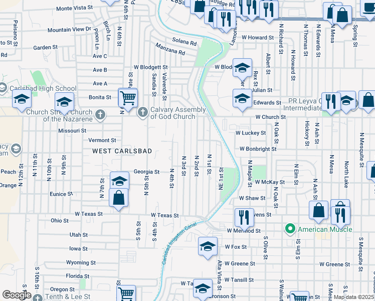 map of restaurants, bars, coffee shops, grocery stores, and more near 602 North 3rd Street in Carlsbad