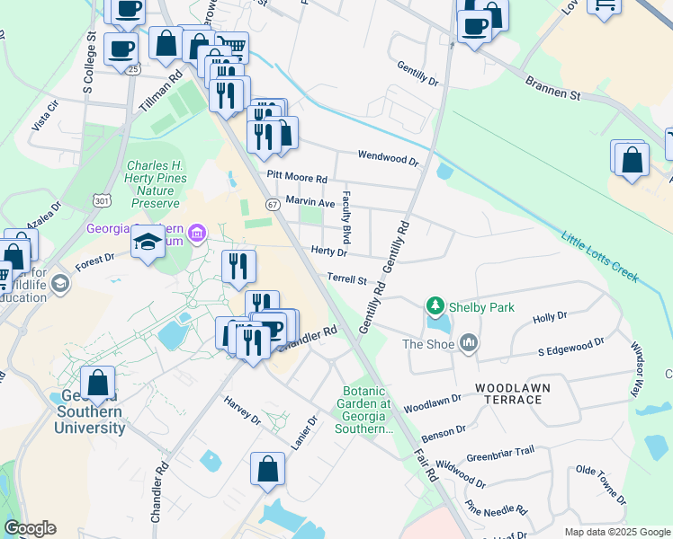 map of restaurants, bars, coffee shops, grocery stores, and more near 107 Terrell Drive in Statesboro