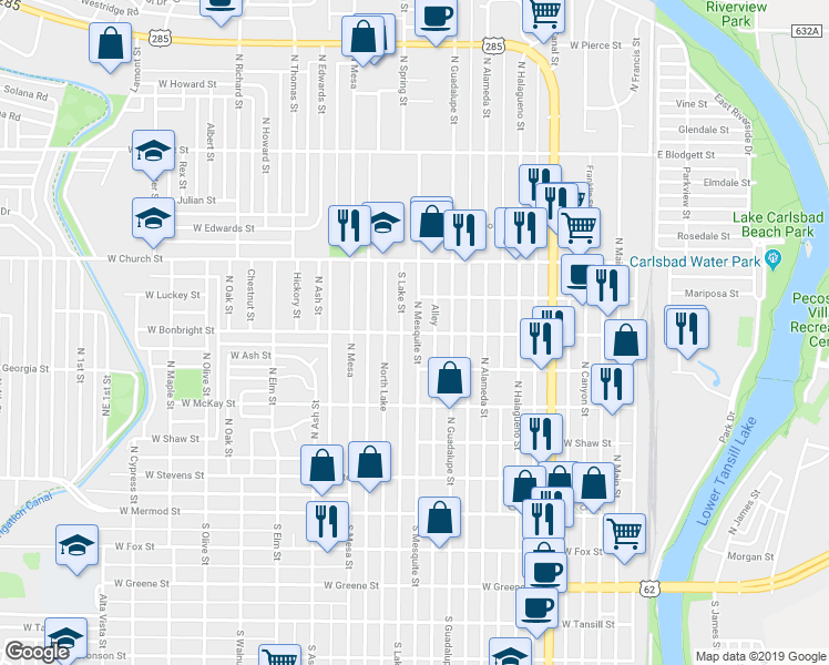 map of restaurants, bars, coffee shops, grocery stores, and more near 710 West Bonbright Street in Carlsbad