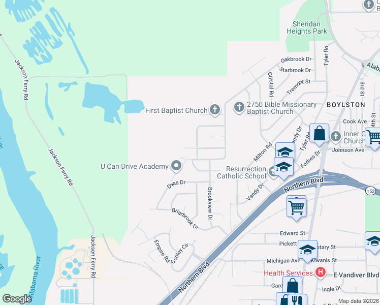 map of restaurants, bars, coffee shops, grocery stores, and more near 407 Woodbrook Drive in Montgomery