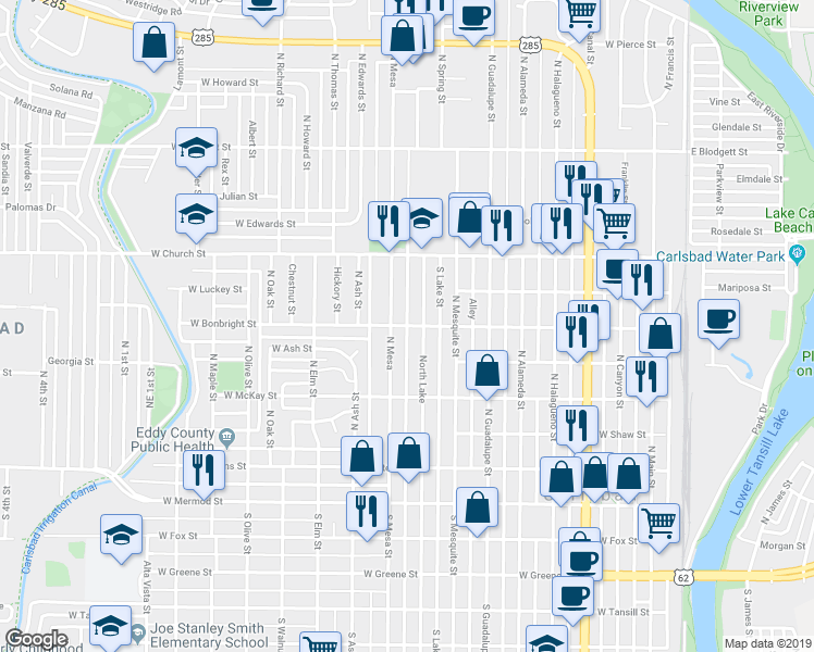map of restaurants, bars, coffee shops, grocery stores, and more near 851 West Bonbright Street in Carlsbad