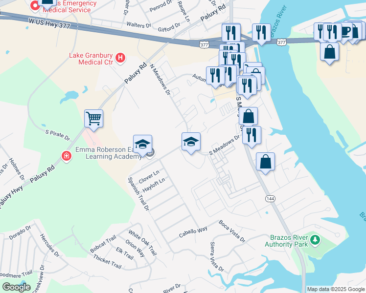 map of restaurants, bars, coffee shops, grocery stores, and more near 1520 South Meadows Drive in Granbury