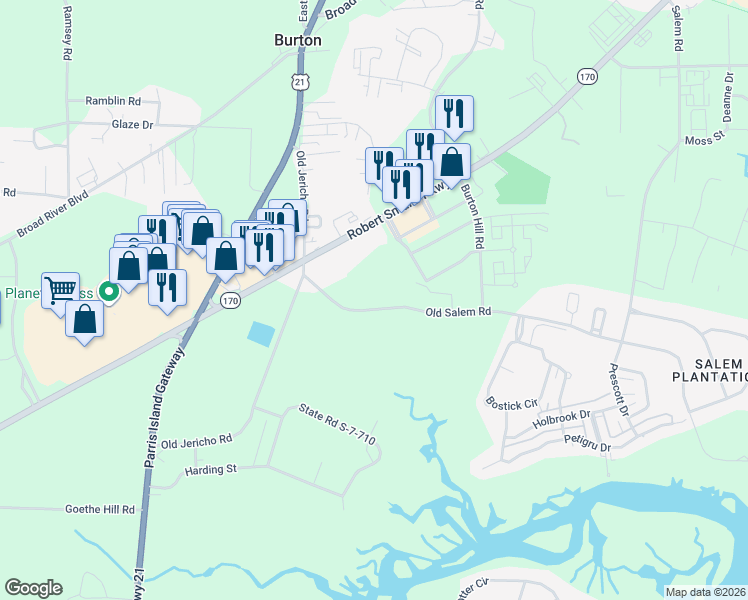 map of restaurants, bars, coffee shops, grocery stores, and more near 33 Old Salem Road in Beaufort