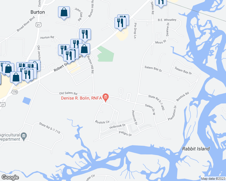 map of restaurants, bars, coffee shops, grocery stores, and more near 109 Old Salem Road in Beaufort