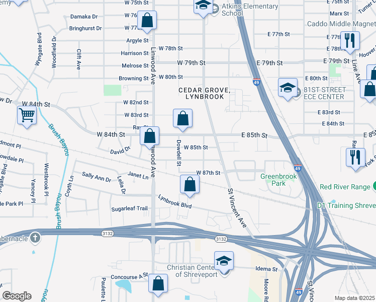 map of restaurants, bars, coffee shops, grocery stores, and more near 246 West 85th Street in Shreveport